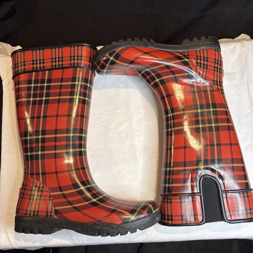 Sperry Tartan Plaid Tall Rubber Rain Boots Red Waterproof 9644634 Womens 8